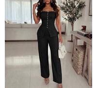 Shein Conjunto de 2 piezas para mujer con top de tirantes finos que ciñe la cintura y pantalones de pierna recta, elegante romántico casual para ir al traba