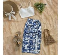 Shein Conjunto de 2 piezas para mujer de camiseta de tirantes de tela texturizada y falda estampada de color contrastante, un atuendo de playa para el veran