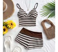 Shein Conjunto de 2 piezas para mujer de top de tirantes en V de rayas rojas y blancas vibrantes y shorts súper cortos de cintura alta para vacaciones, fies