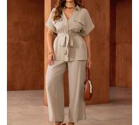Shein Conjunto de 2 piezas para mujer talla grande, color caqui, de verano, casual, para vacaciones, estilo lino, con top de cuello en V estilo francés sici