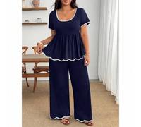 Shein Conjunto de 2 piezas para mujer talla grande con estampado de corazones ondulados, manga corta, bloques de color, cintura ceñida, bajo en línea A, atu