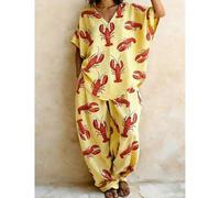 Shein Conjunto de 2 piezas para mujer talla grande con estampado de criaturas marinas, casual para vacaciones, elegante, verano, amarillo