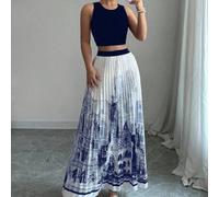 Shein Conjunto de 2 piezas para mujer: Top corto de unicolor y falda plisada con estampado de arquitectura, elegante y con estilo