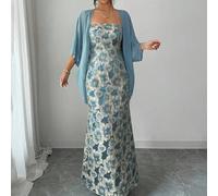 Shein Conjunto de 2 piezas para mujer: Vestido sirena con cintura ceñida, textura jacquard floral verde haba y chaqueta de gasa transparente con mangas murc