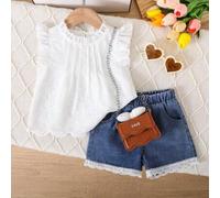 Shein Conjunto de 2 piezas para niña bebé: Blusa con bordado y encaje con volantes + Shorts vaqueros con estampado floral, para verano