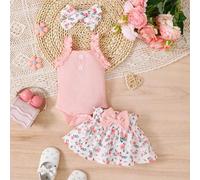 Shein Conjunto de 2 piezas para niña bebé con parte superior sin mangas de color rosa sólido y shorts con volantes y moño, atuendo casual de verano