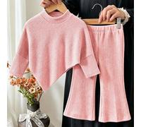 Shein Conjunto de 2 piezas para niña bebé, estilo casual familiar a juego vaquera, camiseta de manga larga con cuello alto en rosa empolvado y pantalones ac