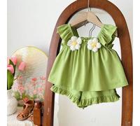 Shein Conjunto de 2 piezas para niña bebé, top casual con volantes con tirantes y estampado floral verde, con pantalones cortos de cintura elástica, para ve