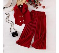 Shein Conjunto de 2 piezas para niña de chaleco y pantalón de pierna ancha en color rojo elegante sin mangas, atuendo formal de trabajo, digno y de moda