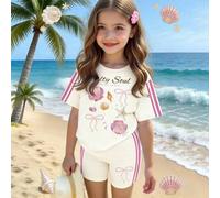 Shein Conjunto de 2 piezas para niña joven, atuendo de vacaciones de verano en la playa para 7º cumpleaños, camiseta de manga corta con estampado lindo de v