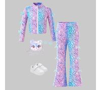 Shein Conjunto de 2 piezas para niña joven con chaqueta casual de punto con cuello alto y estampado de leopardo degradado colorido, y pantalones casuales ac