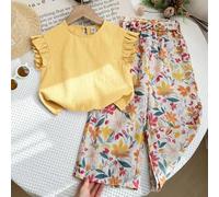 Shein Conjunto de 2 piezas para niña joven LMoss: Blusa de cuello con volantes de unicolor de punto y pantalones holgados de flor menuda tejida
