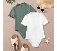 Shein Conjunto de 2 piezas para niña pequeña: body con cuello de pie y acabado de lechuga en color liso, y otra prenda'