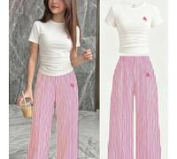 Shein Conjunto de 2 piezas para niña preadolescente, estilo vintage casual, pantalones largos a rayas con mini estampado de logo, camiseta minimalista de ci