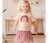 Shein Conjunto de 2 piezas para niñas - Camiseta con mangas de volantes a rayas y bordado de arcoíris + Falda de tul rosa, conjunto de verano cute y de moda