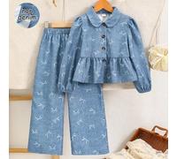 Shein Conjunto de 2 piezas para niñas primavera/otoño, blusa vintage con estampado de lazos, cuello Peter Pan y mangas con volantes, pantalones de pierna an