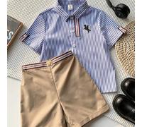 Shein Conjunto de 2 piezas para niño pequeño, paquete de valor, estilo deportivo casual con rayas de colores, polo y pantalón corto de tela, adecuado para u