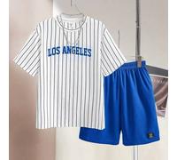 Shein Conjunto de 2 piezas para niño preadolescente, ropa de calle de ocio con camiseta de manga corta con cuello redondo a rayas y letras impresas y shorts