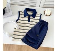 Shein Conjunto de 2 piezas para niños pequeños con camisa de cuello de solapa con media cartera y estampado de rayas, talla grande pantalones cortos casuale