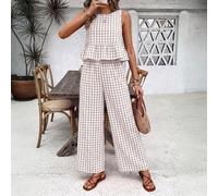 Shein Conjunto de 2 piezas sin mangas para mujer talla grande, tela a cuadros, botones de coco, cintura elástica, pantalones anchos sueltos, top con dobladi