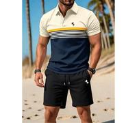 Shein Conjunto de 2 piezas talla grande: Camisa polo a rayas con estampado de caballo & pantalones cortos, atuendo casual para hombres