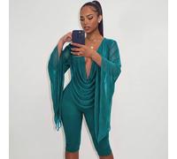 Shein Conjunto de 2 piezas vintage verde azulado para mujer, top con escote en V profundo y pantalones de 3/4 de largo, estilo sexy, otoño, fiesta de Año Nu