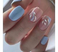Shein Conjunto de 24 piezas de uñas postizas cuadradas de longitud media en patrón azul claro y hojas, incluye 1 lima para uñas mágica y 1 gel de uñas para