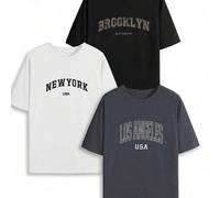 Shein Conjunto de 3 camisetas de manga corta con estampado de letras de Nueva York y Brooklyn en negro, blanco y gris para tallas grandes