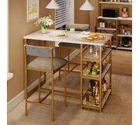 Shein Conjunto de 3 mesas de comedor, con 2 sillas tapizadas y 3 estantes, mesa de cocina, mesa de bar pequeña para 2 personas, estructura de metal dorado,