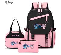 Shein Conjunto de 3 mochilas Disney Stitch y Angel de gran capacidad, mochila casual con bolsa térmica y bolsa organizadora en color rosa y negro