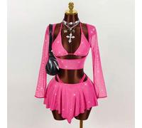 Shein Conjunto de 3 piezas con detalle de lentejuelas, top corto de manga larga ajustado estilo Y2K sexy, minifalda con V invertida y malla, rosa intenso, p