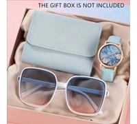 Shein Conjunto de 3 piezas con reloj de cuarzo de esfera romana simple de moda para mujer, accesorios de joyería, incluyendo reloj, gafas de sol y cartera (