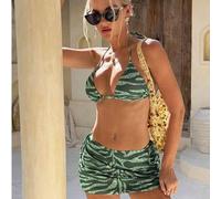 Shein Conjunto de 3 piezas de bikini para mujer - Estampado de cebra verde oliva, parte superior triangular acolchada con Bottom anudada y falda, traje de b