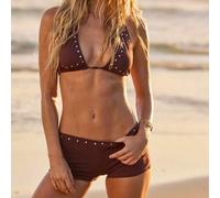 Shein Conjunto de 3 piezas de bikini para verano y primavera - Traje de baño de triángulo con escote halter, tachuelas y bolsa de playa sexy