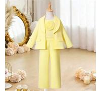 Shein Conjunto de 3 piezas de chaqueta, chaleco con flores 3D y pantalones para niña con un elegante estilo urbano. Adecuado para que las niñas lo usen en o