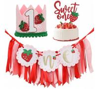 Shein Conjunto de 3 piezas de decoraciones de fiesta de cumpleaños con temática de fresa, que incluye un banner para silla alta con diseño de fresas, un som