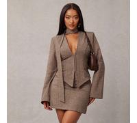 Shein Conjunto de 3 piezas de estilo retro chic de traje de lana de pata de gallo marrón para ir al trabajo: Blazer entallado + Falda de cintura baja + Bufa