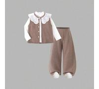 Shein Conjunto de 3 piezas de Genkimix para niñas que incluye: Blusa de cuello con volantes, chaleco casual con decoración de cuello floral y pantalones rec