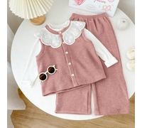 Shein Conjunto de 3 piezas de Genkimix para niñas que incluye: Blusa de cuello con volantes, chaleco casual con decoración de cuello floral y pantalones rec