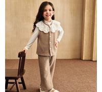 Shein Conjunto de 3 piezas de Genkimix para niñas que incluye: Blusa de cuello con volantes, chaleco casual con decoración de cuello floral y pantalones rec