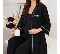 Shein Conjunto de 3 piezas de maternidad: bata con bordado de letras y ribete de contraste, con tirantes ajustables, top tipo camiseta y pantalones largos,