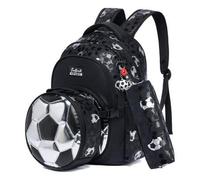 Shein Conjunto de 3 piezas de mochila con diseño de fútbol para niños, estampado de patrón de fútbol UV en cuero PU, llavero personalizado popular, bolsa de