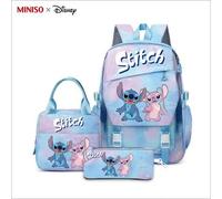 Shein Conjunto de 3 piezas de mochila escolar, bolsa de almuerzo y estuche de lápices con diseño de Stitch y Angel de Disney Auténtico, con degradado de cie