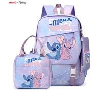 Shein Conjunto de 3 piezas de mochila, lonchera aislada y estuche para lápices de Stitch y Angel de Disney de MINISO, en color púrpura con estampado de estr