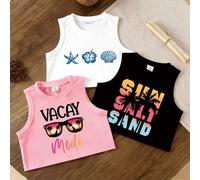 Shein Conjunto de 3 piezas de ropa casual de vacaciones para niña joven: Parte superior de tirantes de unicolor con estampado de letras y gafas, parte super