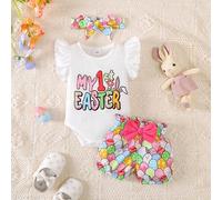 Shein Conjunto de 3 piezas de ropa casual para recién nacidos con estampado de conejo para Pascua, conjunto que incluye: "Mi primera Pascua" con eslogan de