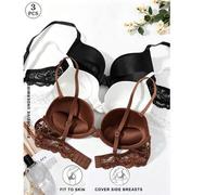 Shein Conjunto de 3 piezas de ropa interior sexy para mujeres y niñas - Sujetador con relleno y push-up de lujo, con relleno fino, encaje exquisito, alto so