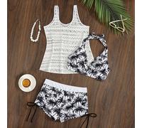 Shein Conjunto de 3 piezas de shorts con estampado de árbol de coco de escote profundo, emparejado con un top corto de punto calado y un top de bikini de ti