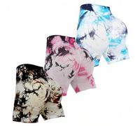 Shein Conjunto de 3 piezas de shorts deportivos de tinte de corbata para mujer, shorts de levantamiento de glúteos conocidos como scrunch butt con cintura a