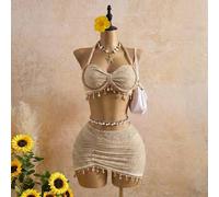 Shein Conjunto de 3 piezas de traje de baño beige con último diseño de correa de halter trenzada, atuendo de playa con accesorios de océano, para primavera,